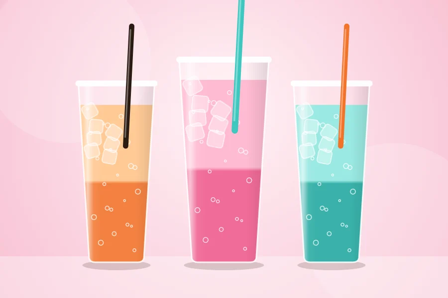 Orange, pink and teal 7 Fizz sodas with bubbles