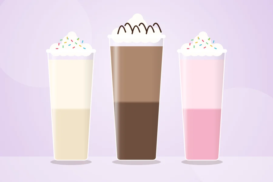 Vanilla, chocolate and strawberry 7 Brew shakes with whipped cream