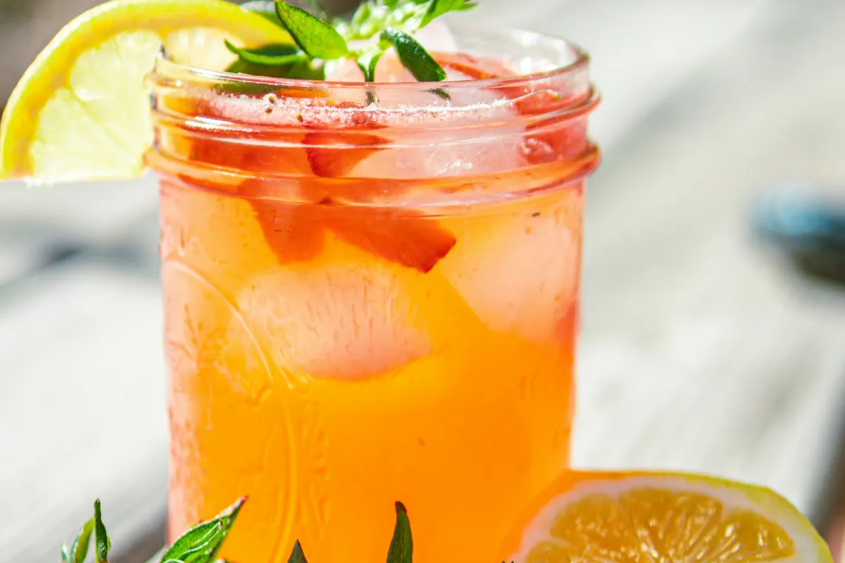 Peach and red layered fruit drink with ice, like a 7 Brew Sunrise energy