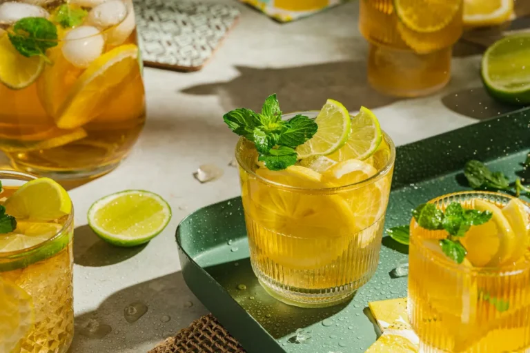 Golden tropical sparkling drink with mint and ice, like a 7 Brew Tiki Tango Fizz